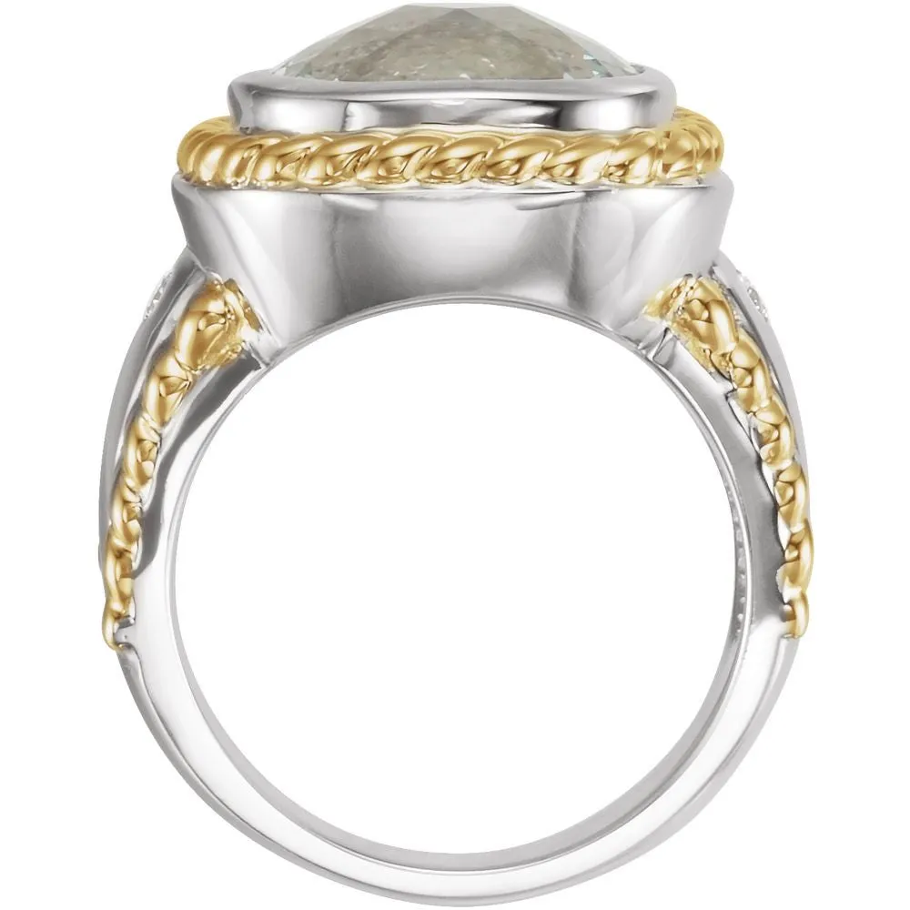 14K White & Yellow Gold Green Quartz & 1/10 CTW Diamond Ring , Size 7