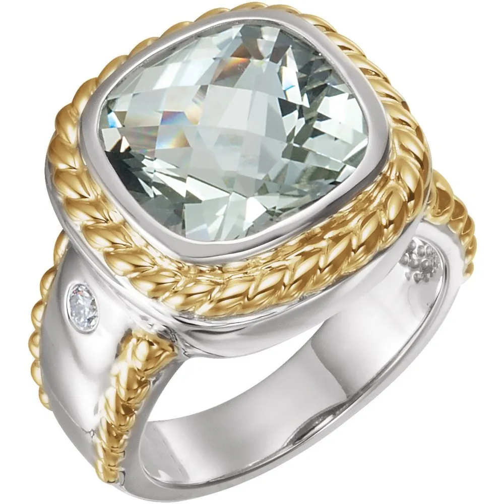 14K White & Yellow Gold Green Quartz & 1/10 CTW Diamond Ring , Size 7