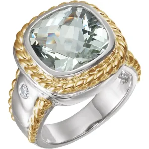 14K White & Yellow Gold Green Quartz & 1/10 CTW Diamond Ring , Size 7