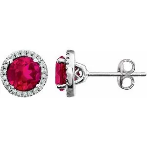 14K White Created Ruby & 1/8 CTW Diamond Earrings