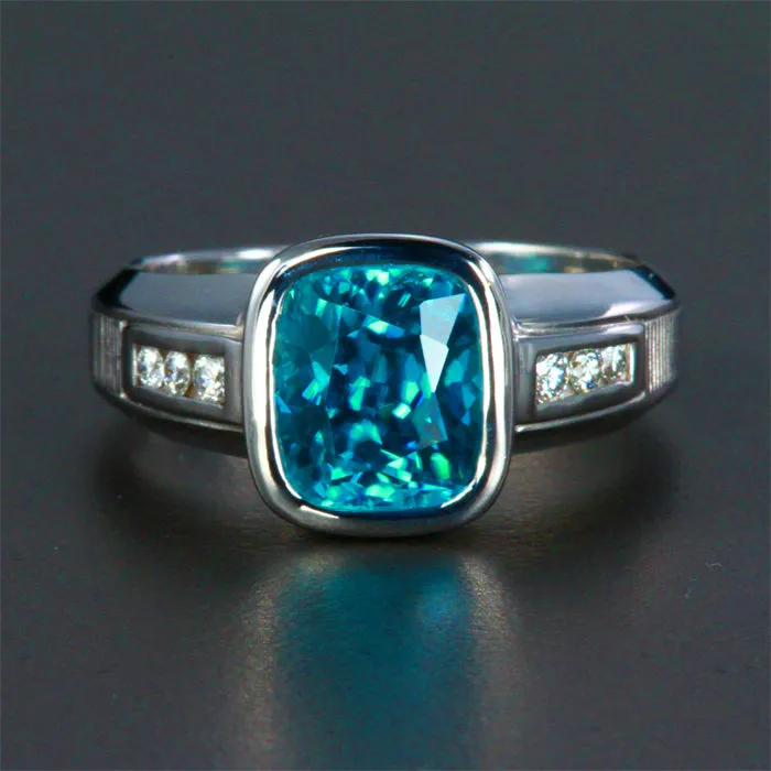 14K White Gentleman's Blue Zircon Ring 6.30 Carats