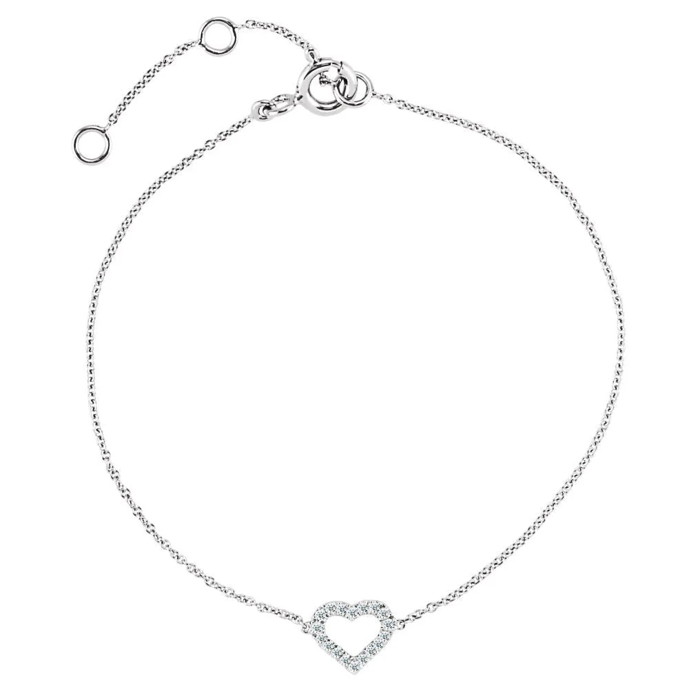 14k White Gold .06 CTW Diamond Heart 7" Bracelet