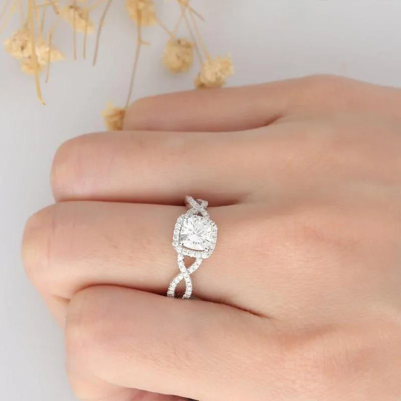 14k White Gold 1.0 Ct Cushion Cut Diamond Halo Twist Band Engagement Ring