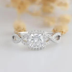 14k White Gold 1.0 Ct Cushion Cut Diamond Halo Twist Band Engagement Ring