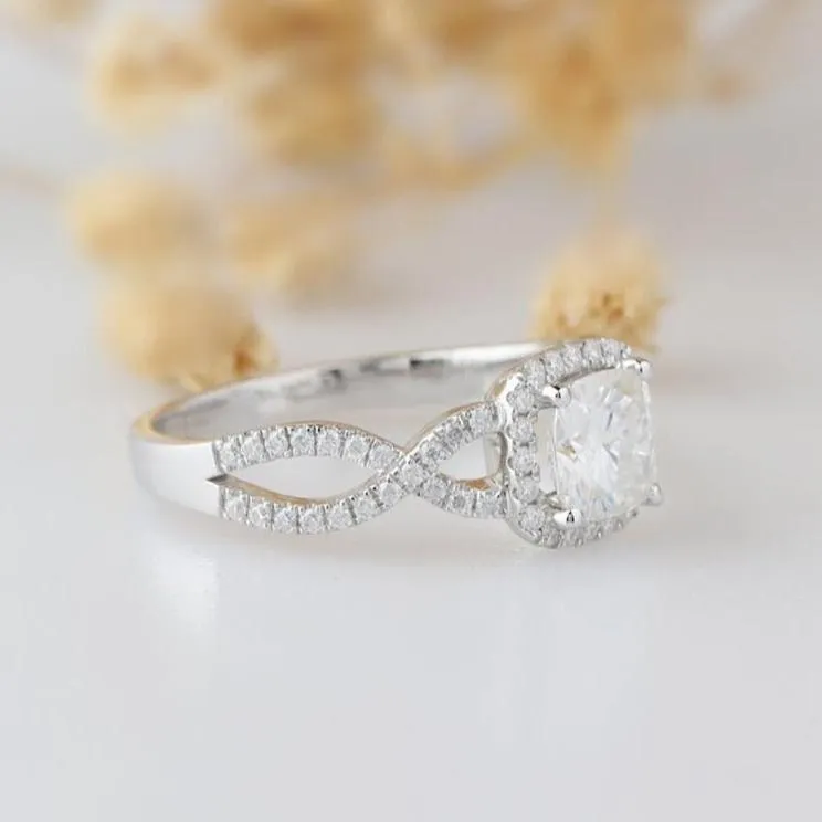 14k White Gold 1.0 Ct Cushion Cut Diamond Halo Twist Band Engagement Ring