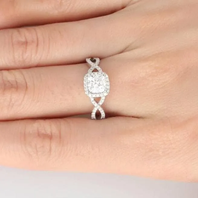 14k White Gold 1.0 Ct Cushion Cut Diamond Halo Twist Band Engagement Ring