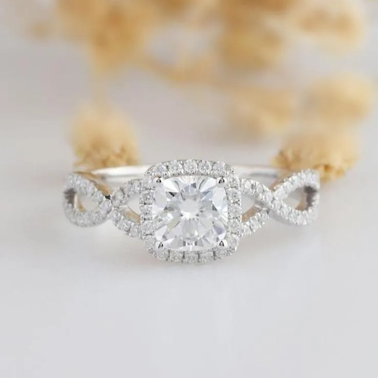 14k White Gold 1.0 Ct Cushion Cut Diamond Halo Twist Band Engagement Ring