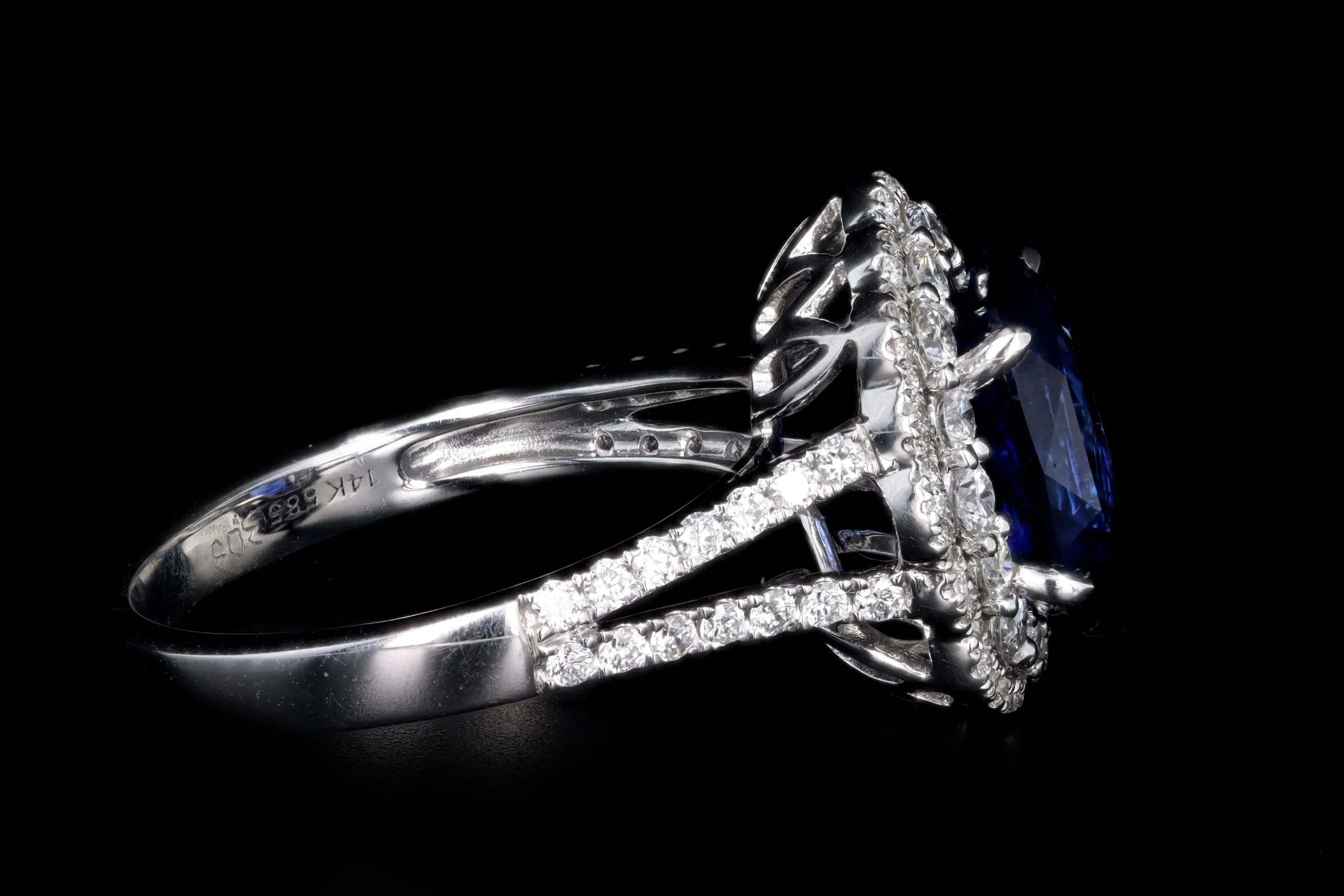 14K White Gold 3.08 Carat Cushion Cut Natural Sapphire & Diamond Halo Cluster Ring