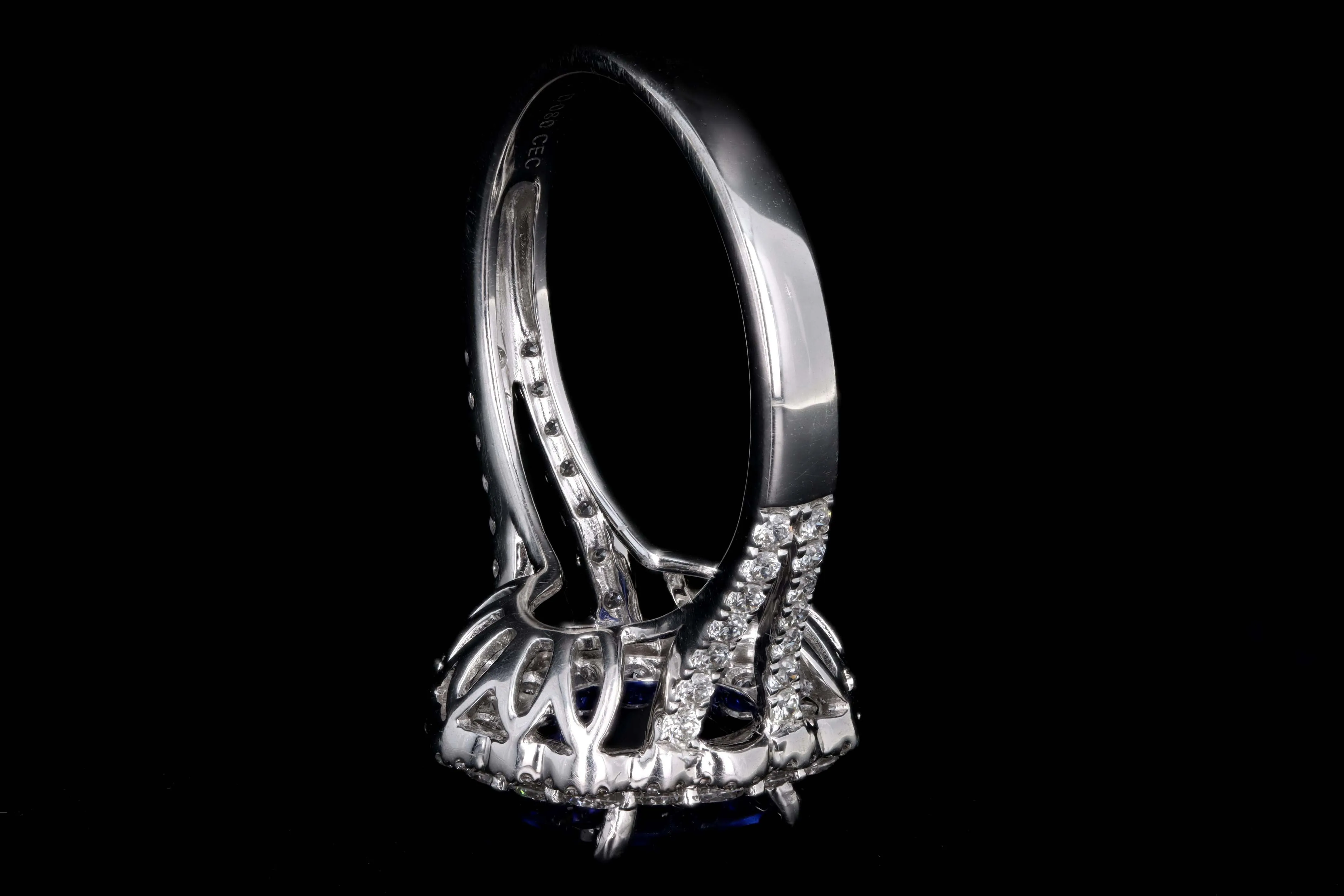 14K White Gold 3.08 Carat Cushion Cut Natural Sapphire & Diamond Halo Cluster Ring