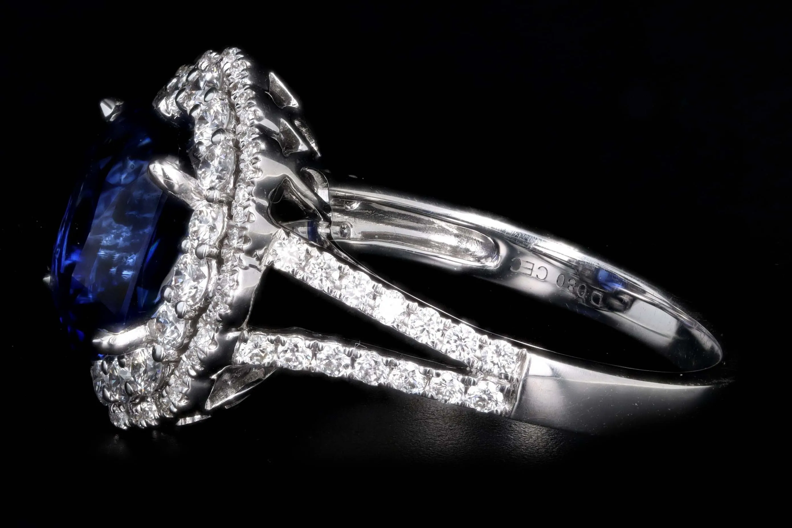 14K White Gold 3.08 Carat Cushion Cut Natural Sapphire & Diamond Halo Cluster Ring