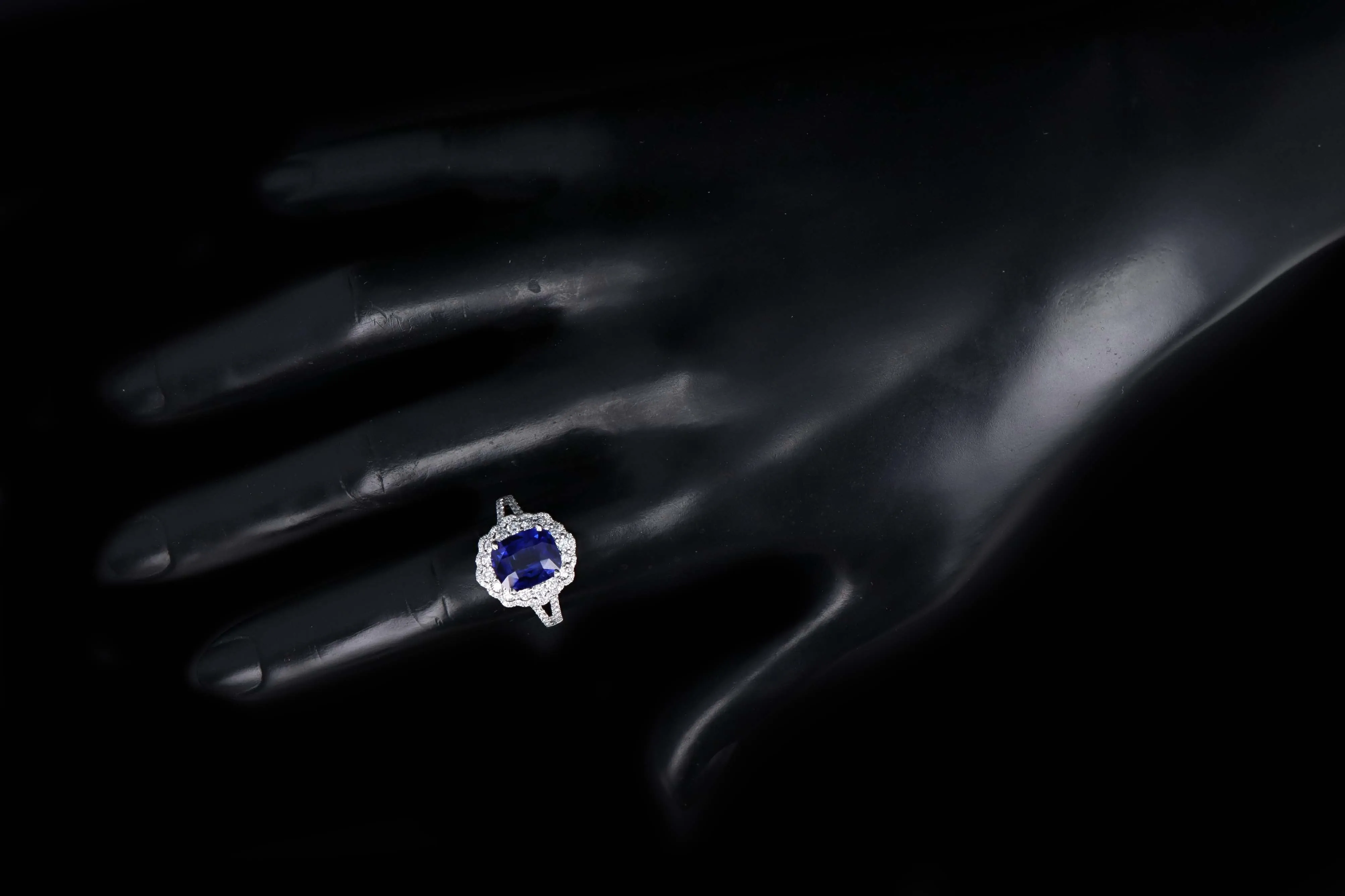 14K White Gold 3.08 Carat Cushion Cut Natural Sapphire & Diamond Halo Cluster Ring