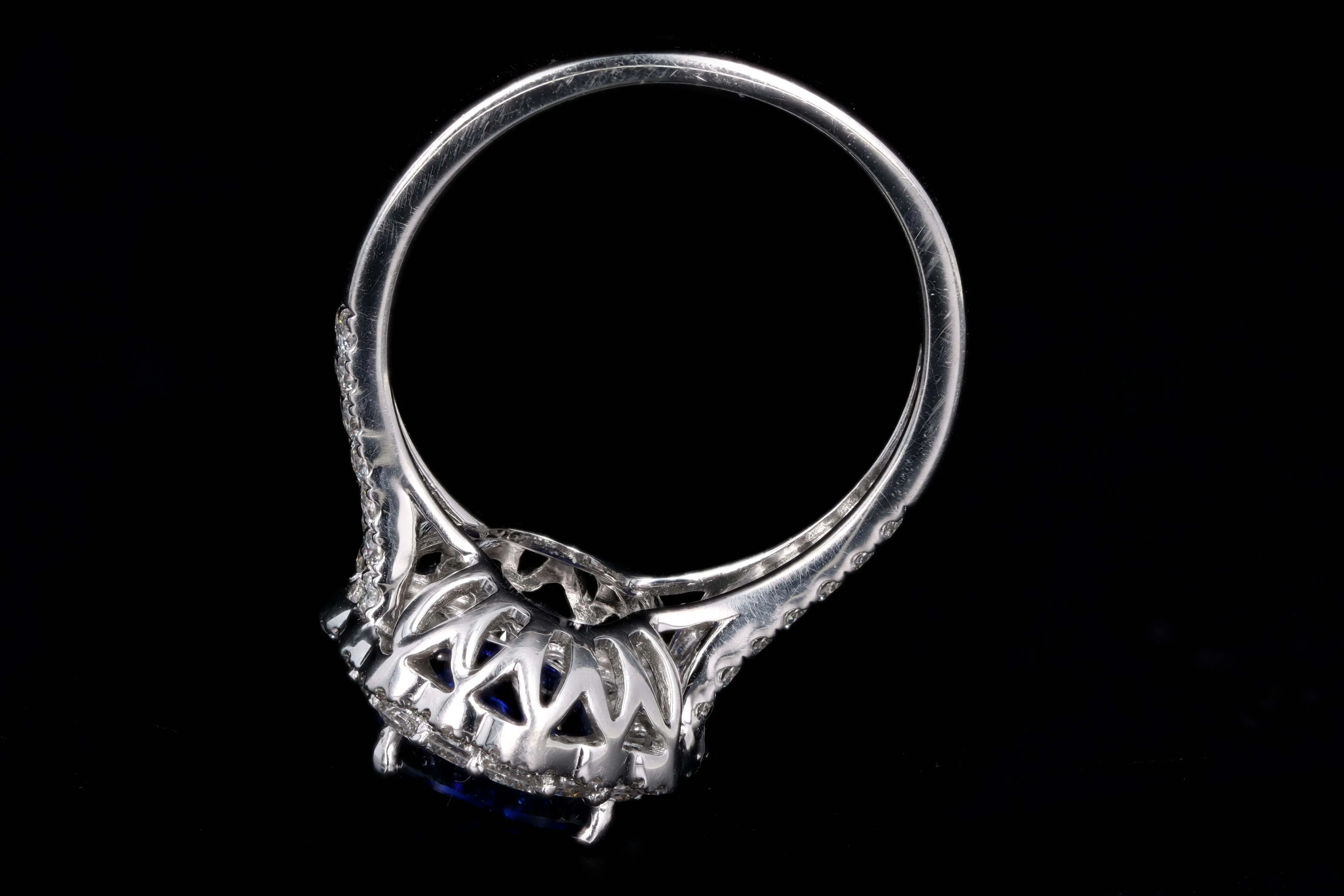 14K White Gold 3.08 Carat Cushion Cut Natural Sapphire & Diamond Halo Cluster Ring