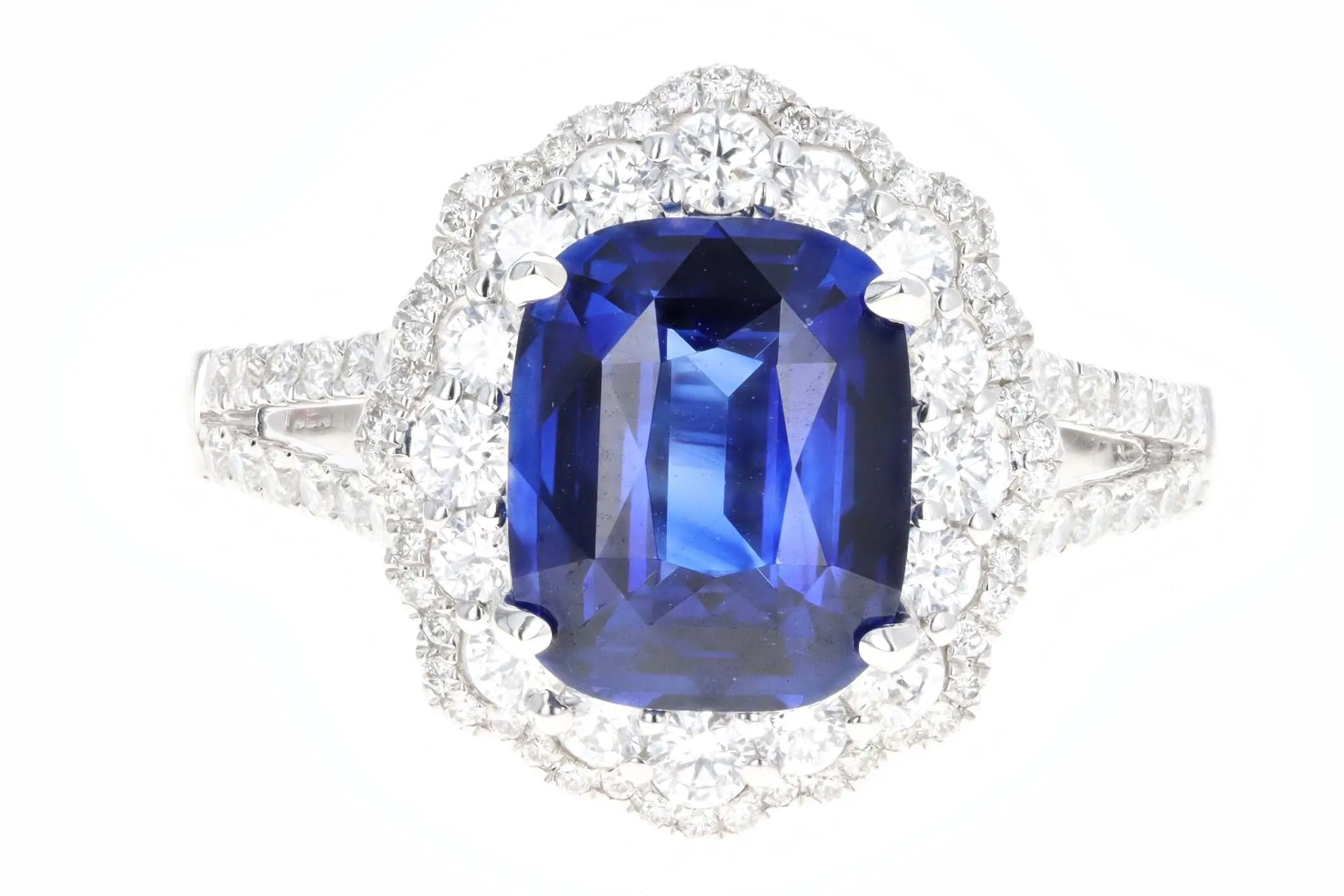 14K White Gold 3.08 Carat Cushion Cut Natural Sapphire & Diamond Halo Cluster Ring