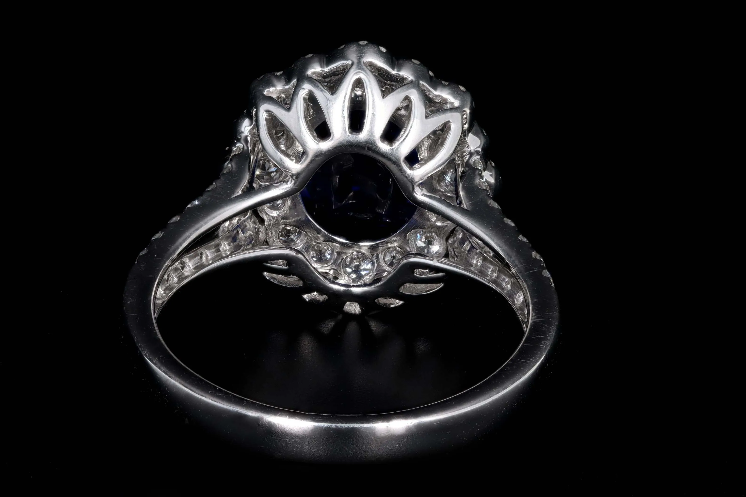 14K White Gold 3.08 Carat Cushion Cut Natural Sapphire & Diamond Halo Cluster Ring