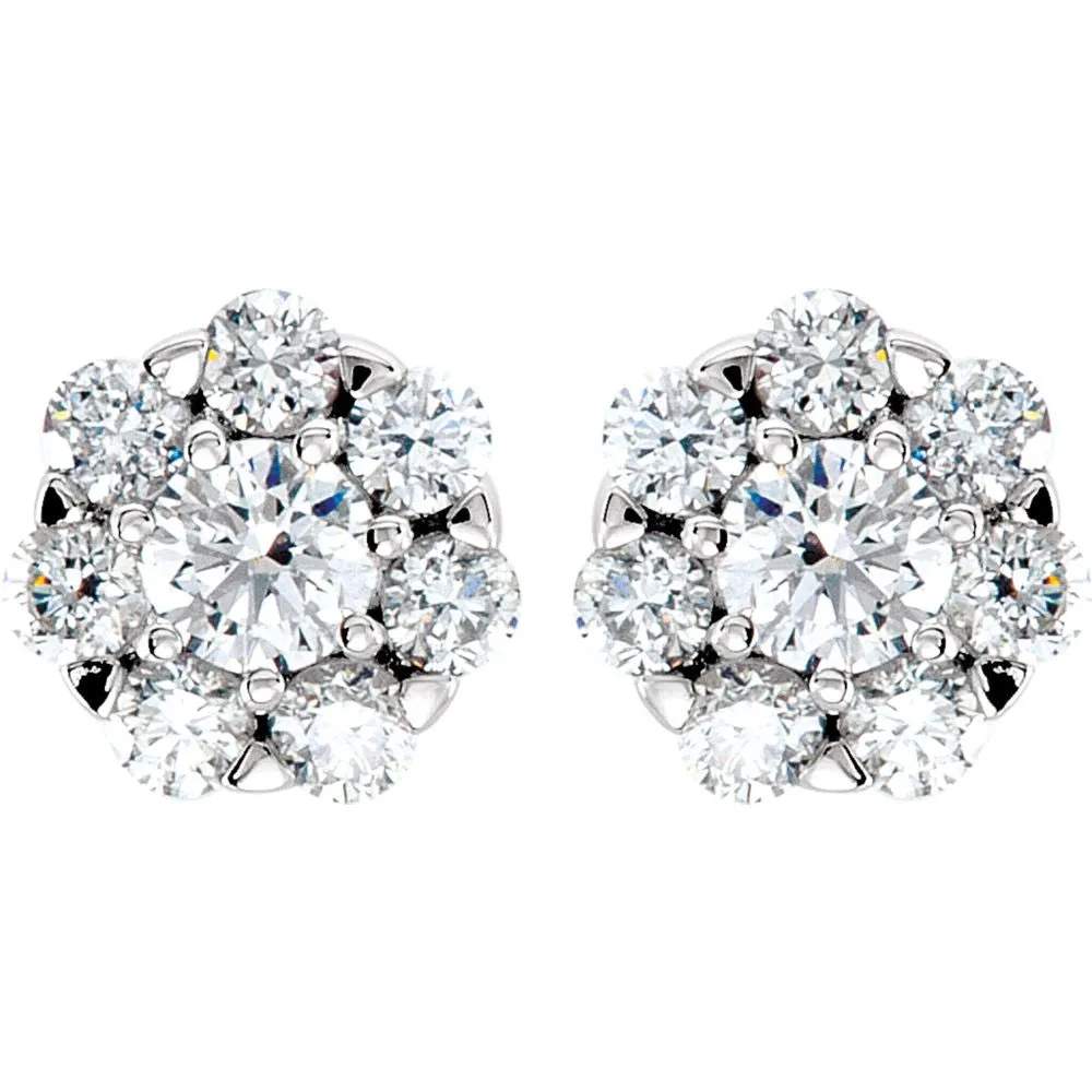 14k White Gold 3/4 CTW Diamond Cluster Earrings