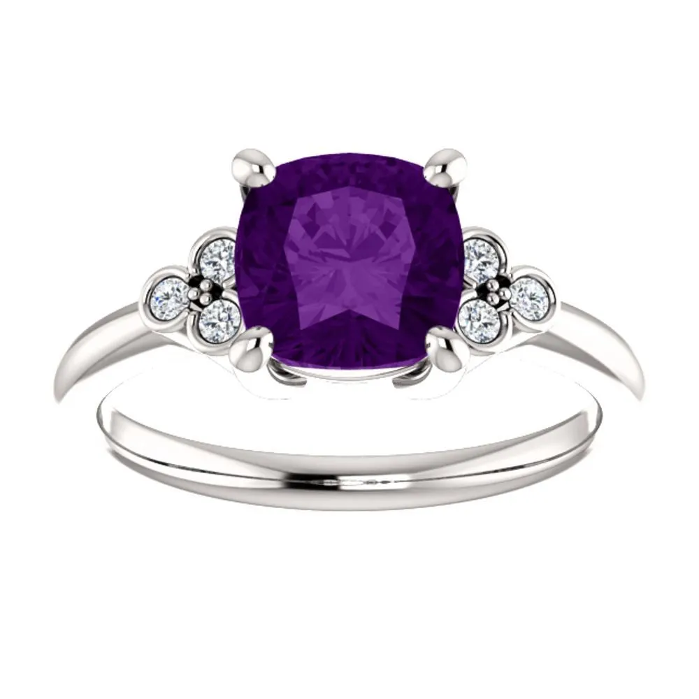 14k White Gold 7x7mm Genuine Amethyst & 1/6 CTW Diamond Ring, Size 7