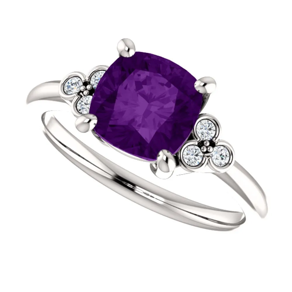 14k White Gold 7x7mm Genuine Amethyst & 1/6 CTW Diamond Ring, Size 7