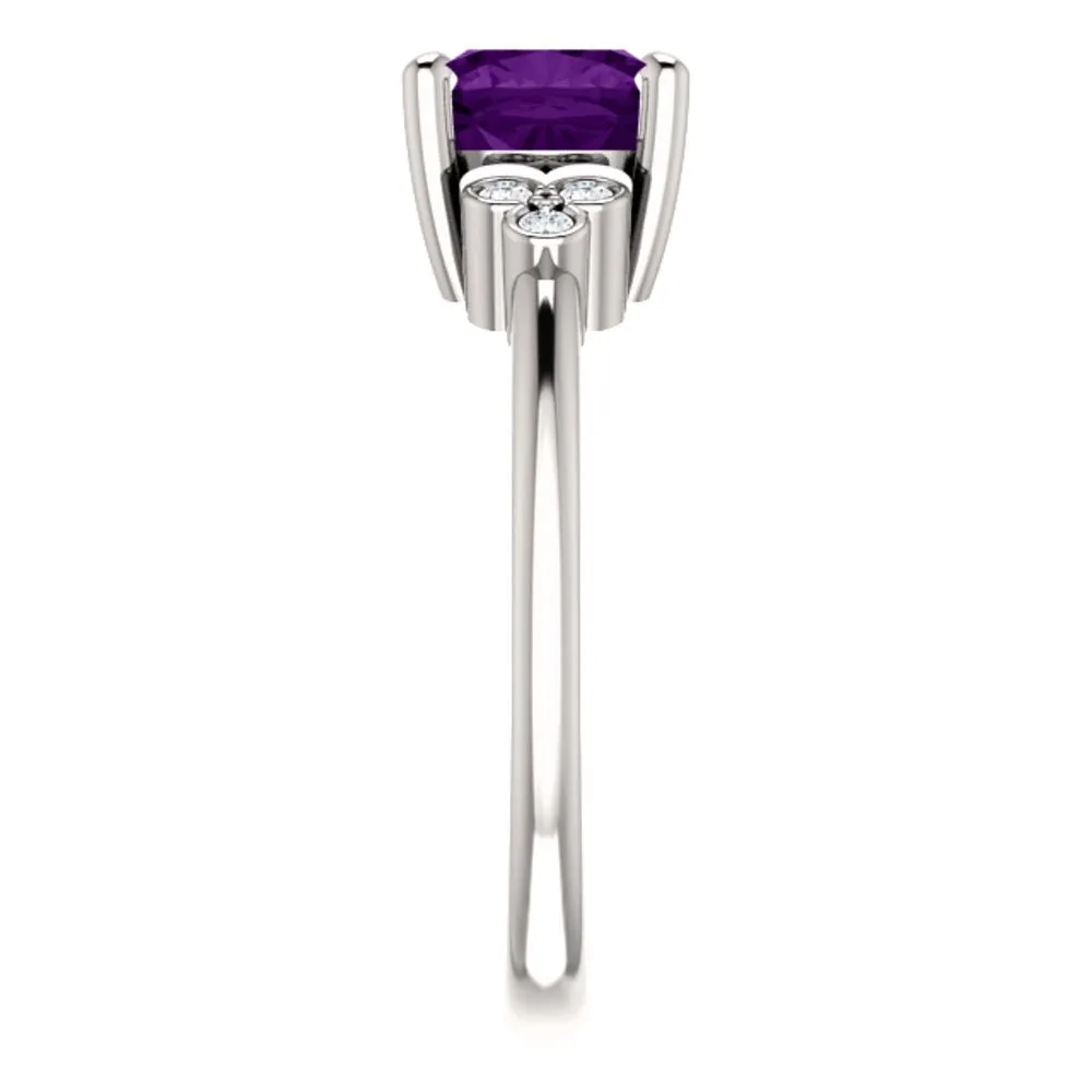 14k White Gold 7x7mm Genuine Amethyst & 1/6 CTW Diamond Ring, Size 7
