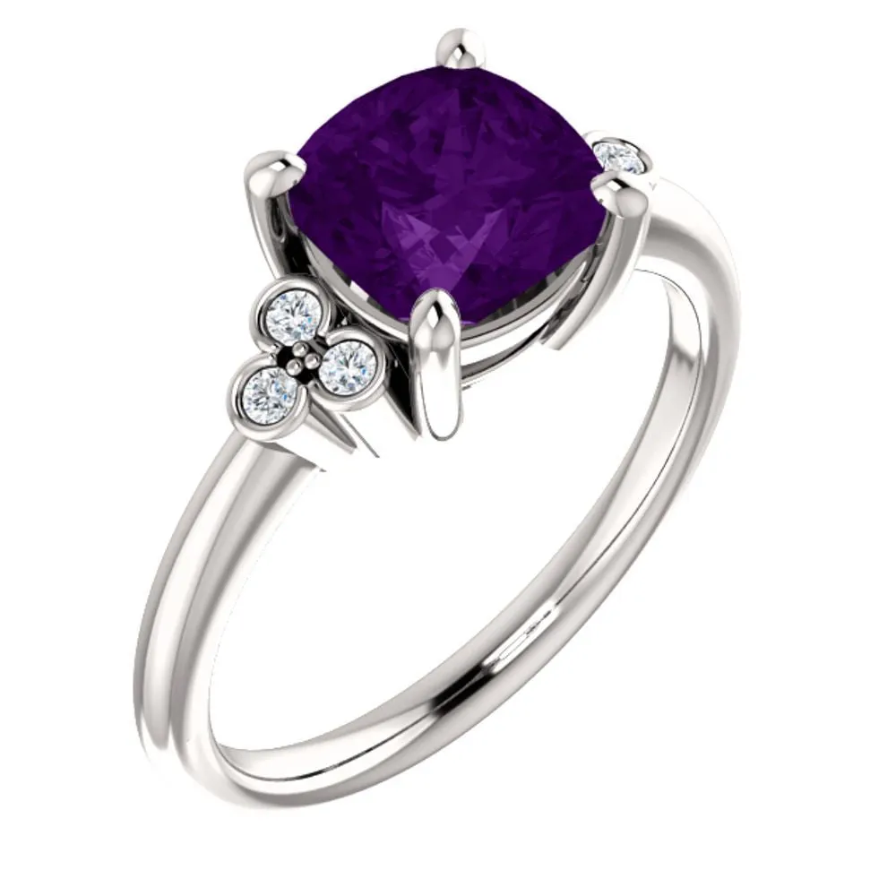 14k White Gold 7x7mm Genuine Amethyst & 1/6 CTW Diamond Ring, Size 7