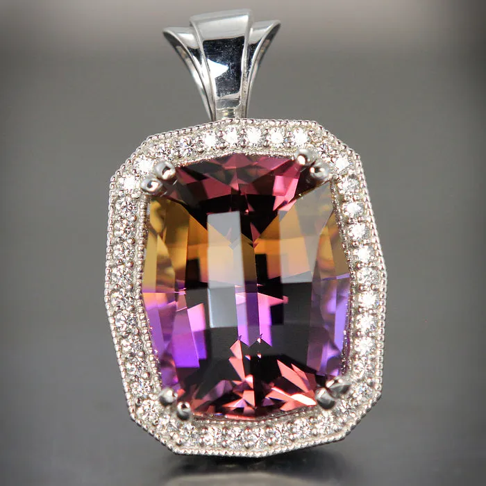 14K White Gold Ametrine Quartz Pendant with Fine Diamonds 25.93 Carats