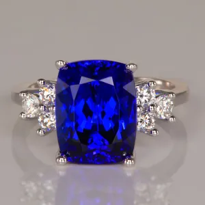 14k White Gold Antique Cushion Tanzanite Ring with Diamonds 6.96 Carats