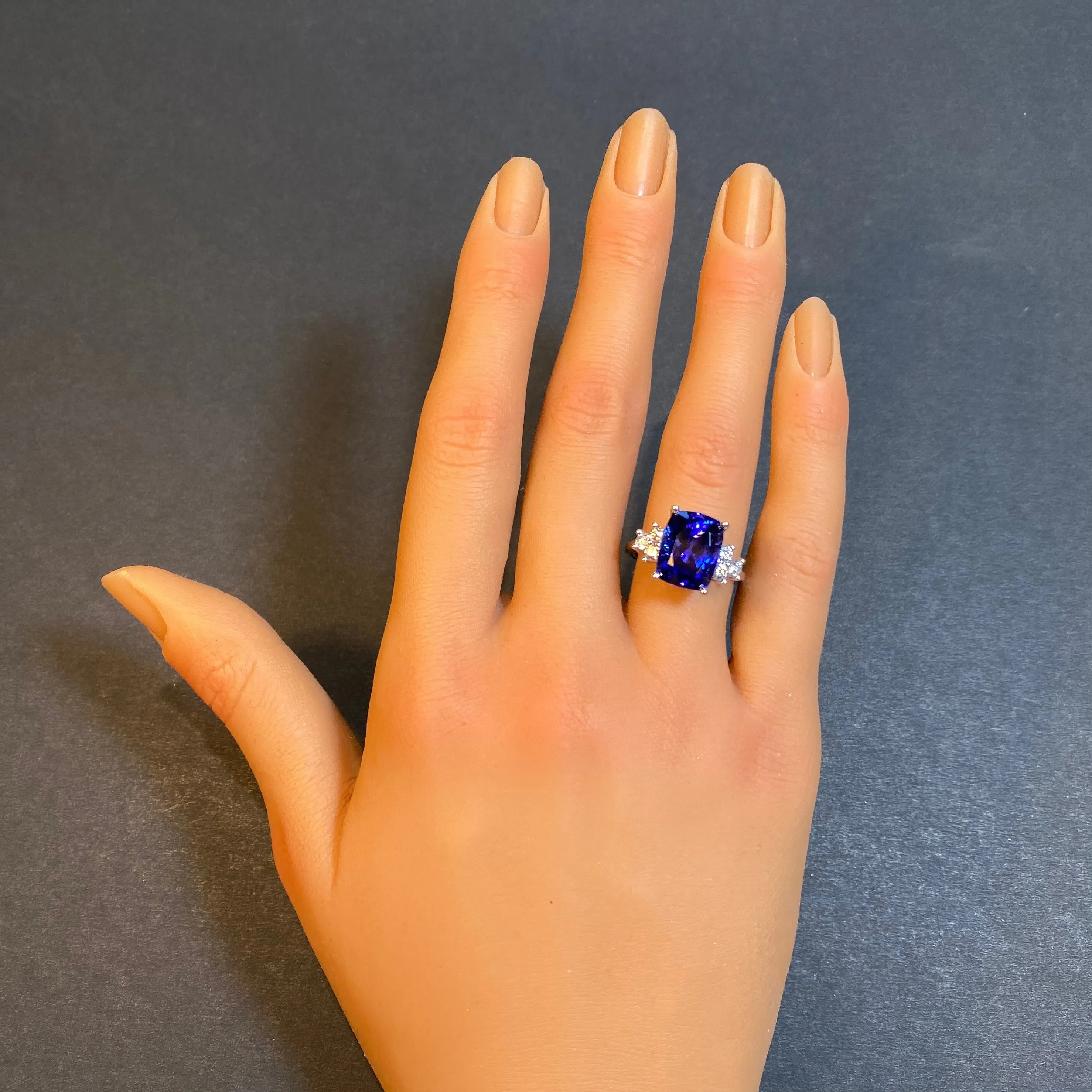 14k White Gold Antique Cushion Tanzanite Ring with Diamonds 6.96 Carats
