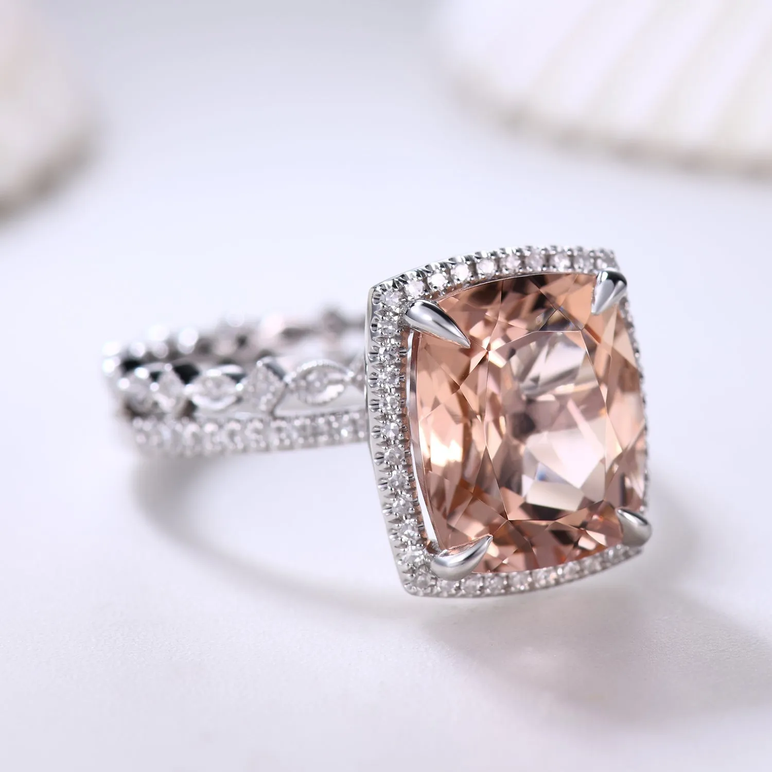 14K White Gold Big Cushion Cut Morganite Engagement Ring Set Art Deco Diamond Band