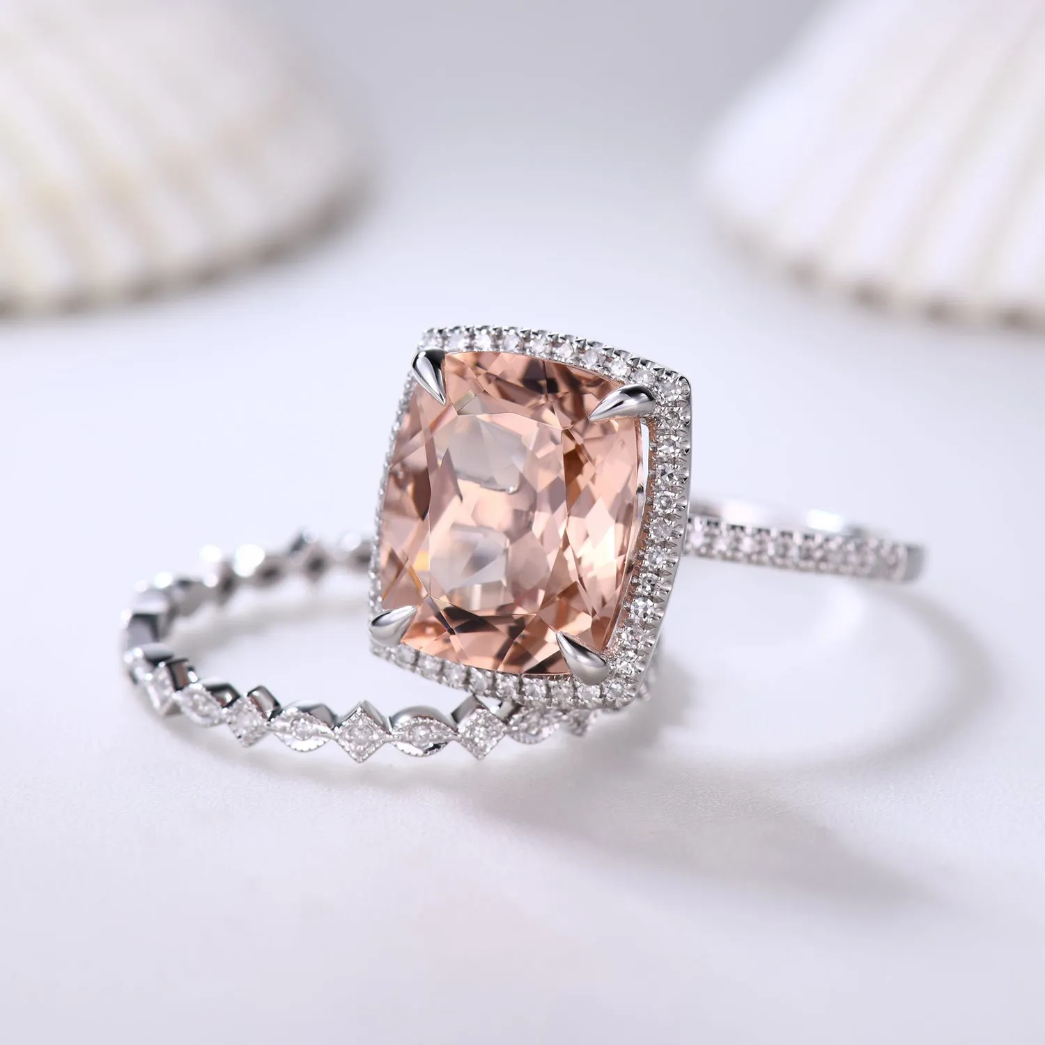 14K White Gold Big Cushion Cut Morganite Engagement Ring Set Art Deco Diamond Band