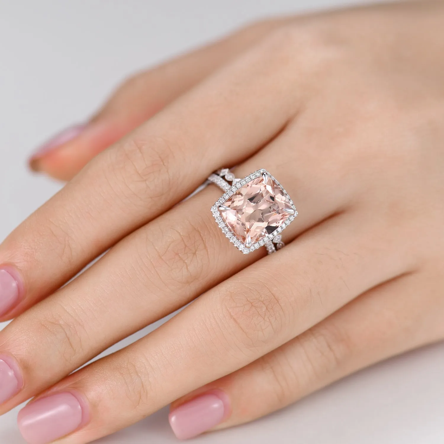 14K White Gold Big Cushion Cut Morganite Engagement Ring Set Art Deco Diamond Band