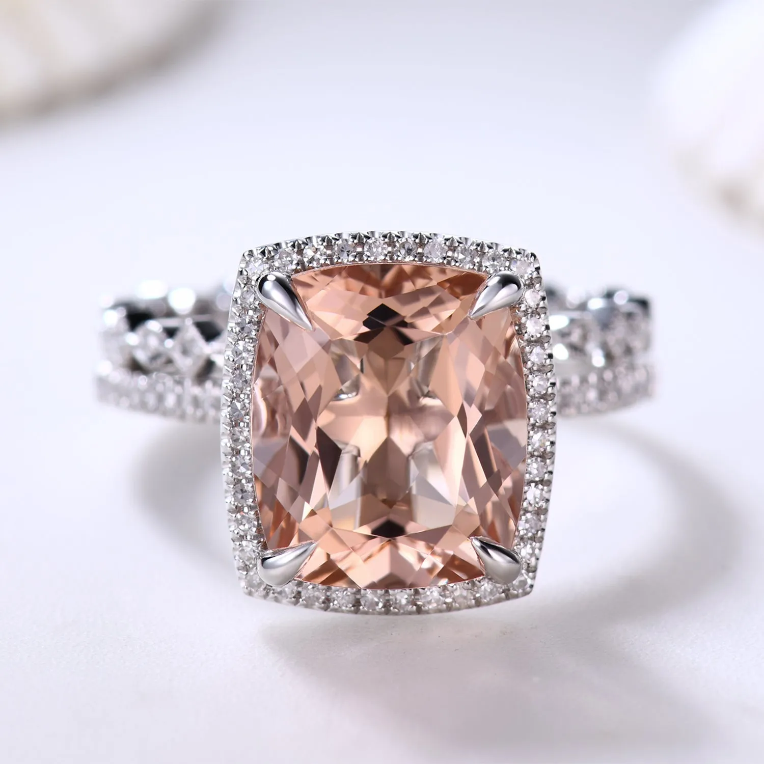 14K White Gold Big Cushion Cut Morganite Engagement Ring Set Art Deco Diamond Band
