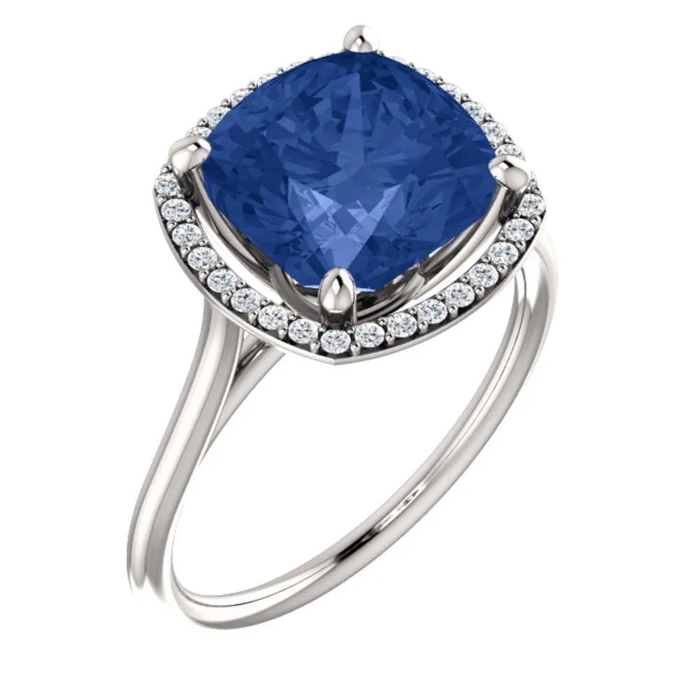 14k White Gold Blue Sapphire & 1/6 CTW Diamond Ring, Size 7