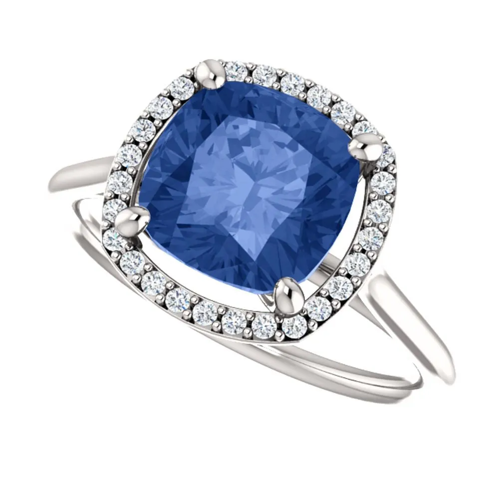 14k White Gold Blue Sapphire & 1/6 CTW Diamond Ring, Size 7