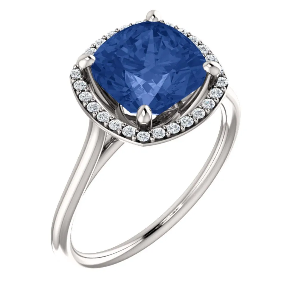 14k White Gold Blue Sapphire & 1/6 CTW Diamond Ring, Size 7