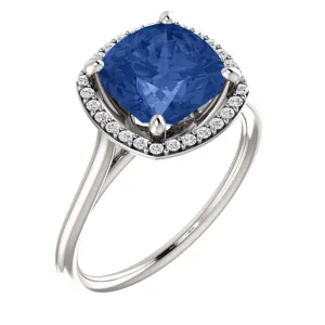 14k White Gold Blue Sapphire & 1/6 CTW Diamond Ring, Size 7