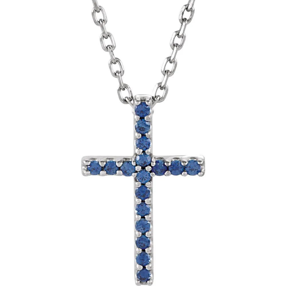 14k White Gold Blue Sapphire Cross 16" Necklace