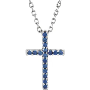 14k White Gold Blue Sapphire Cross 16" Necklace