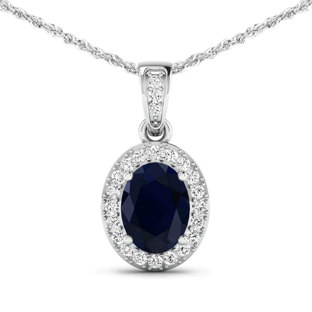 14K White Gold Blue Sapphire Diamond Pendant