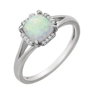 14k White Gold Created Opal & .05 CTW Diamond Ring, Size 7