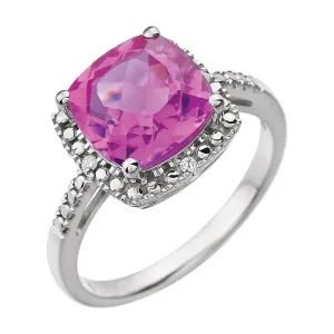 14k White Gold Created Pink Sapphire & .03 CTW Diamond Ring , Size 7