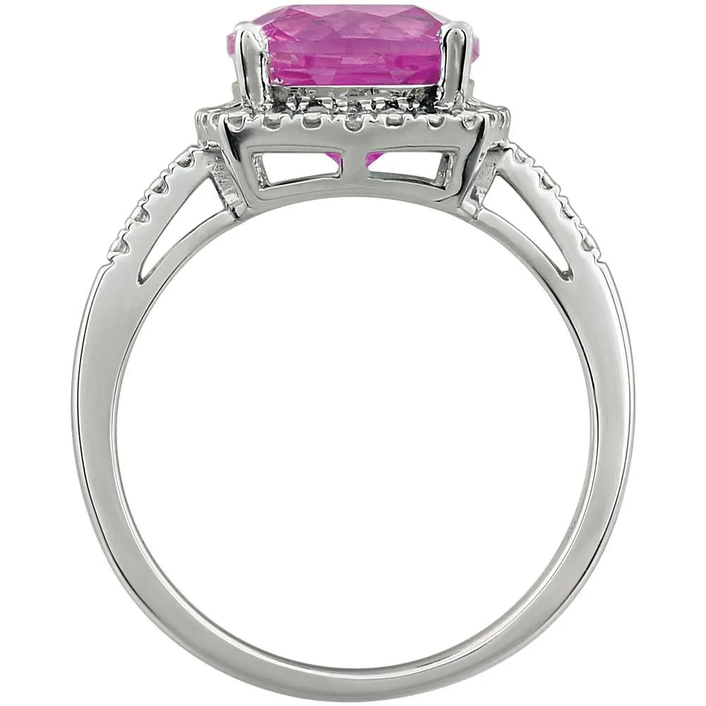 14k White Gold Created Pink Sapphire & .03 CTW Diamond Ring , Size 7