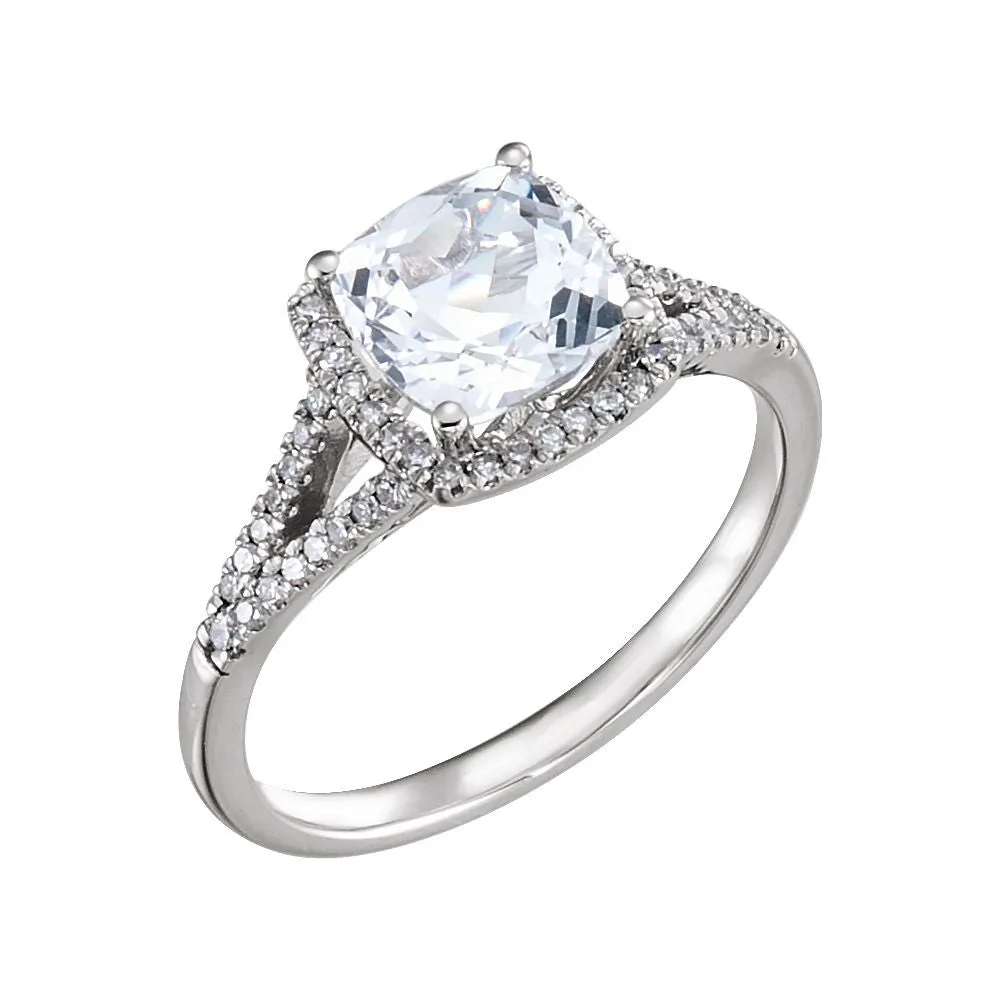 14k White Gold Created White Sapphire & 1/5 CTW Diamond Ring
