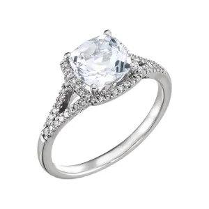 14k White Gold Created White Sapphire & 1/5 CTW Diamond Ring