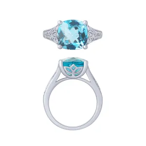 14K White Gold Cushion Aqua And Diamond Ring