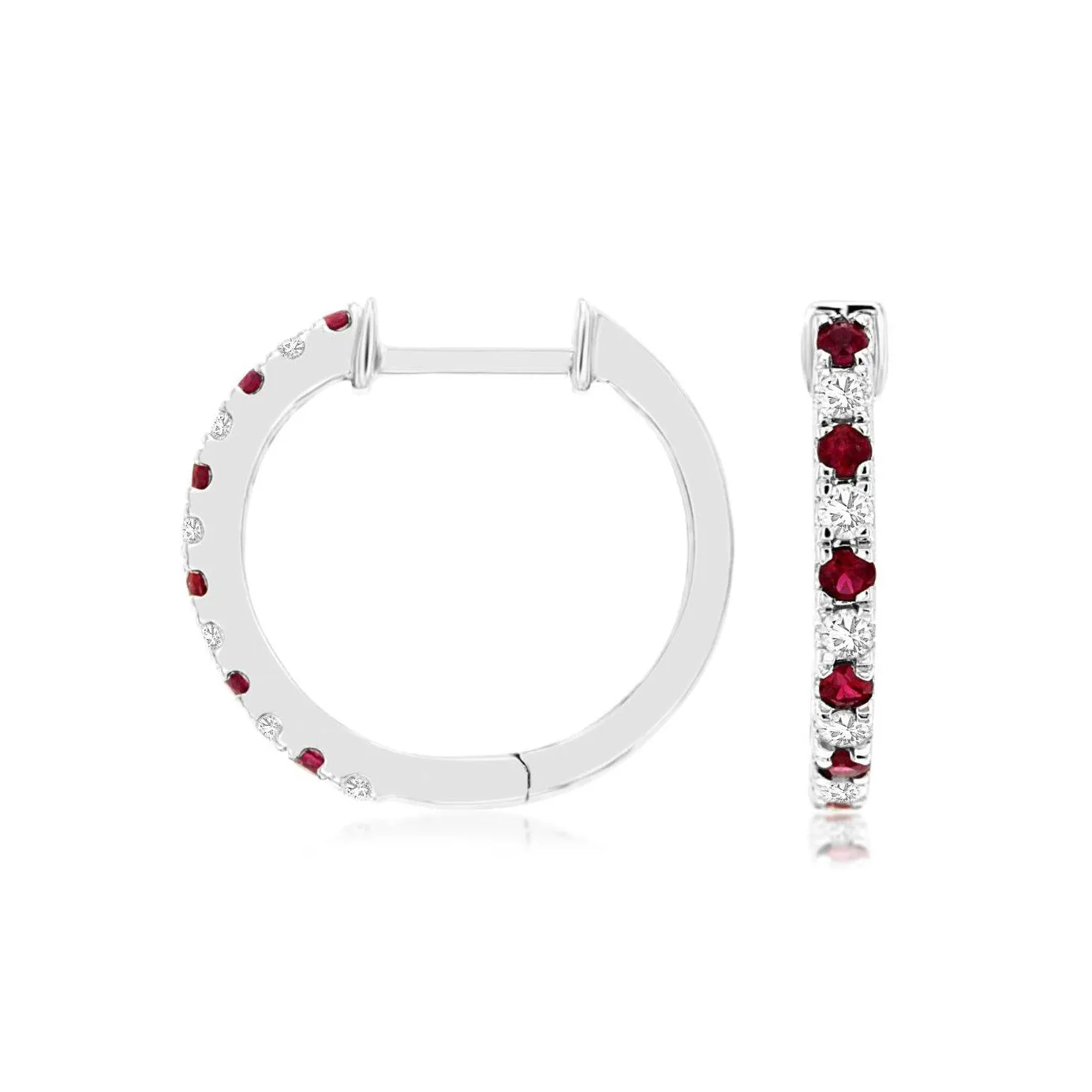 14K White Gold Diamond & Ruby Hoop Earrings