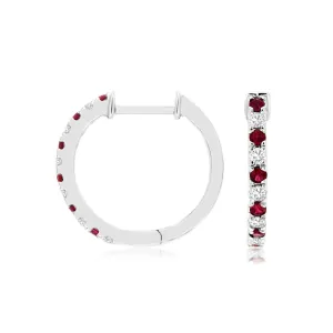 14K White Gold Diamond & Ruby Hoop Earrings