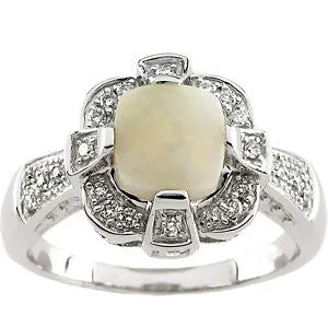 14k White Gold Opal & Diamond Accented Ring , Size 7