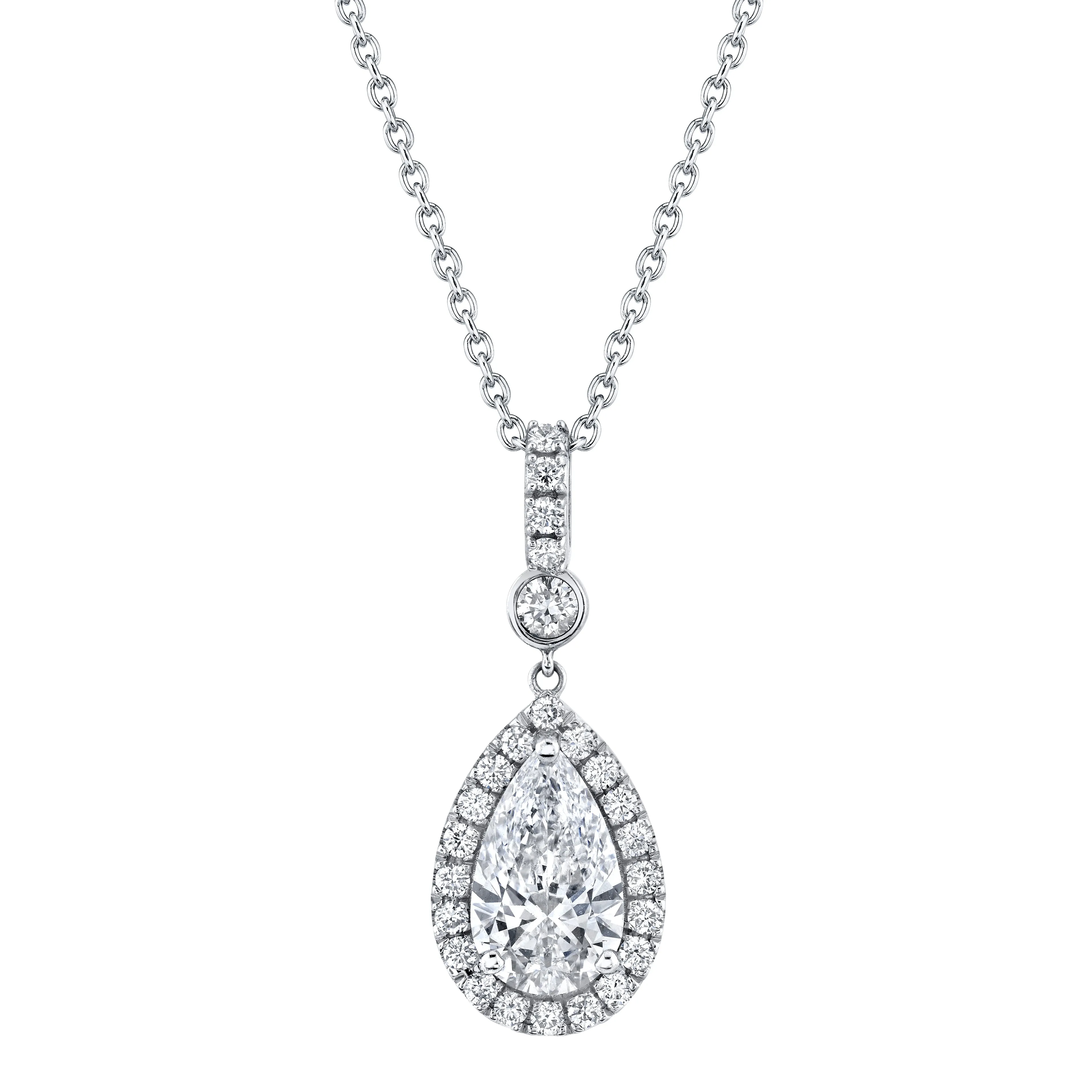 14K White Gold Pear Diamond Halo Drop Necklace (2.74ctw)