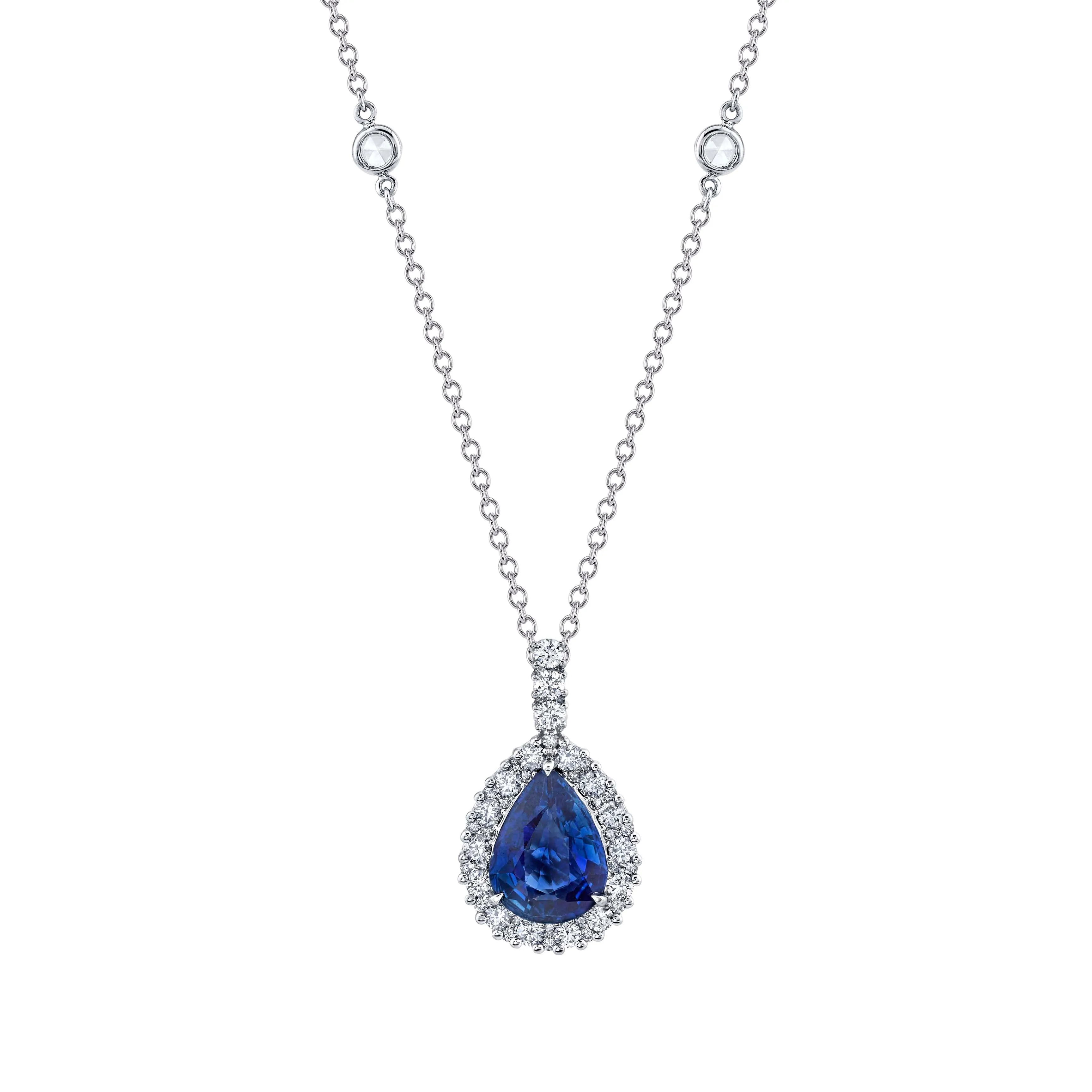 14K White Gold Pear Shape Sapphire And Diamond Halo Necklace (4.25ctw)