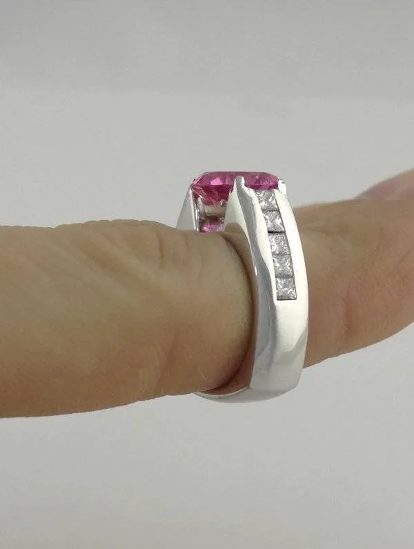 14K WHITE GOLD ROUND PINK TOPAZ & PRINCESS DIAMOND RING VS