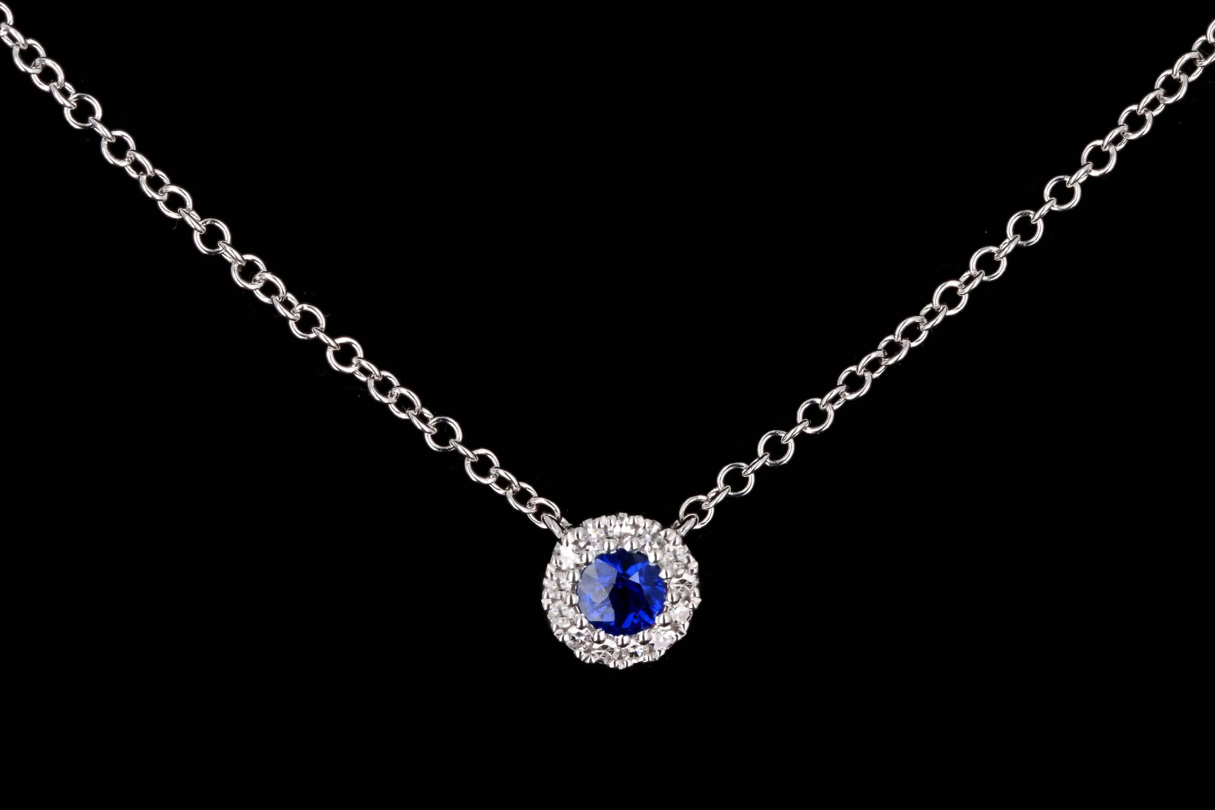 14K White Gold Sapphire & Diamond Halo Pendant Necklace